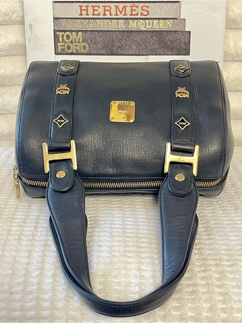 MCM Black Leather Boston Satchel with Gold Hardware EUC - Picture 9 of 11